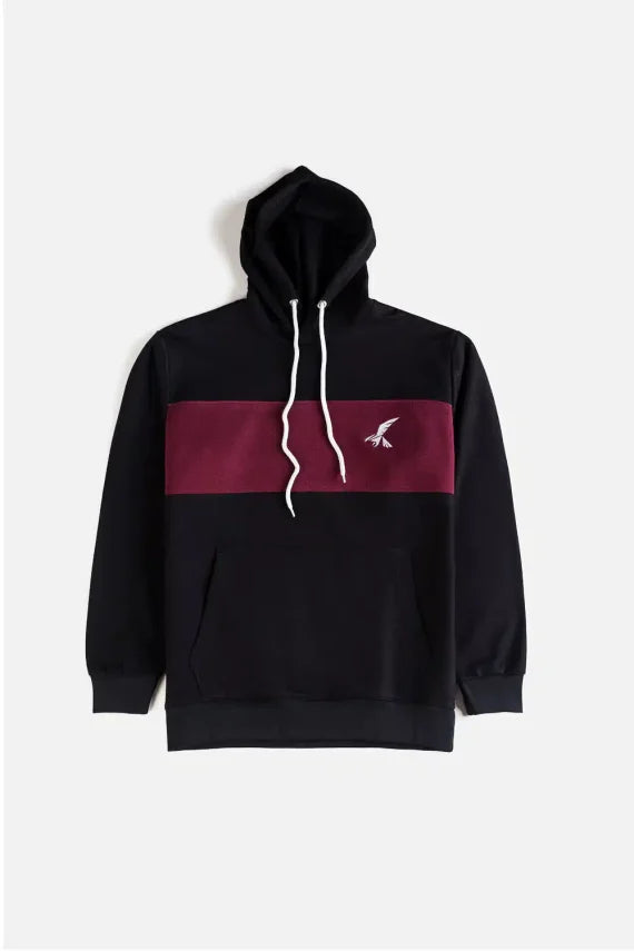 Hawkify Premium Cotton Fleece Hoodie-Black With Maroon Panel