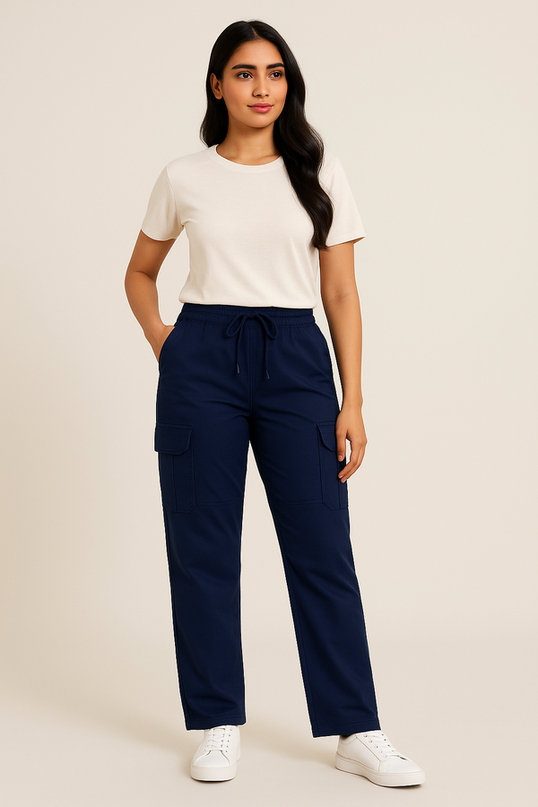 6-Pockets Relaxed Fit Cargo Trousers-Navy Blue