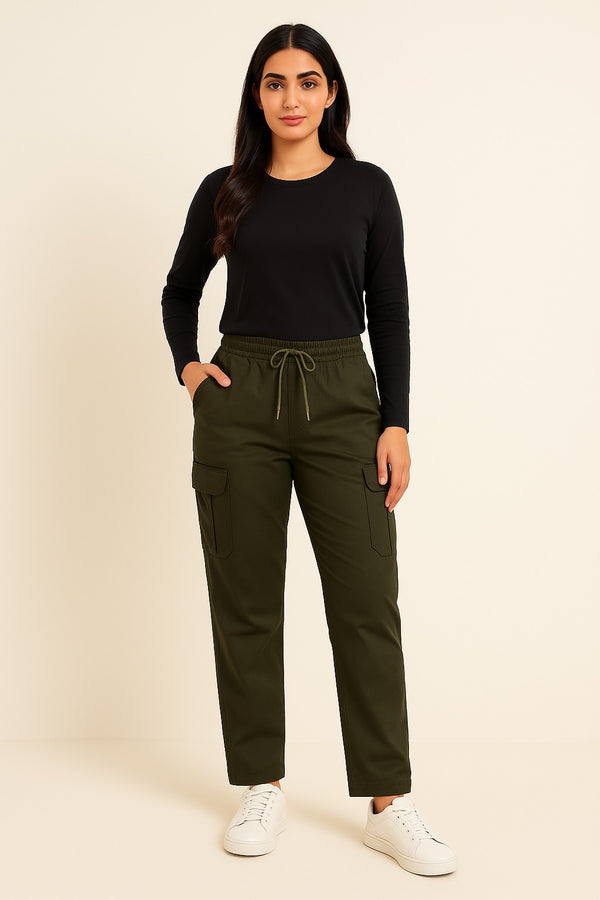 6-Pockets Relaxed Fit Cargo Trousers-Military