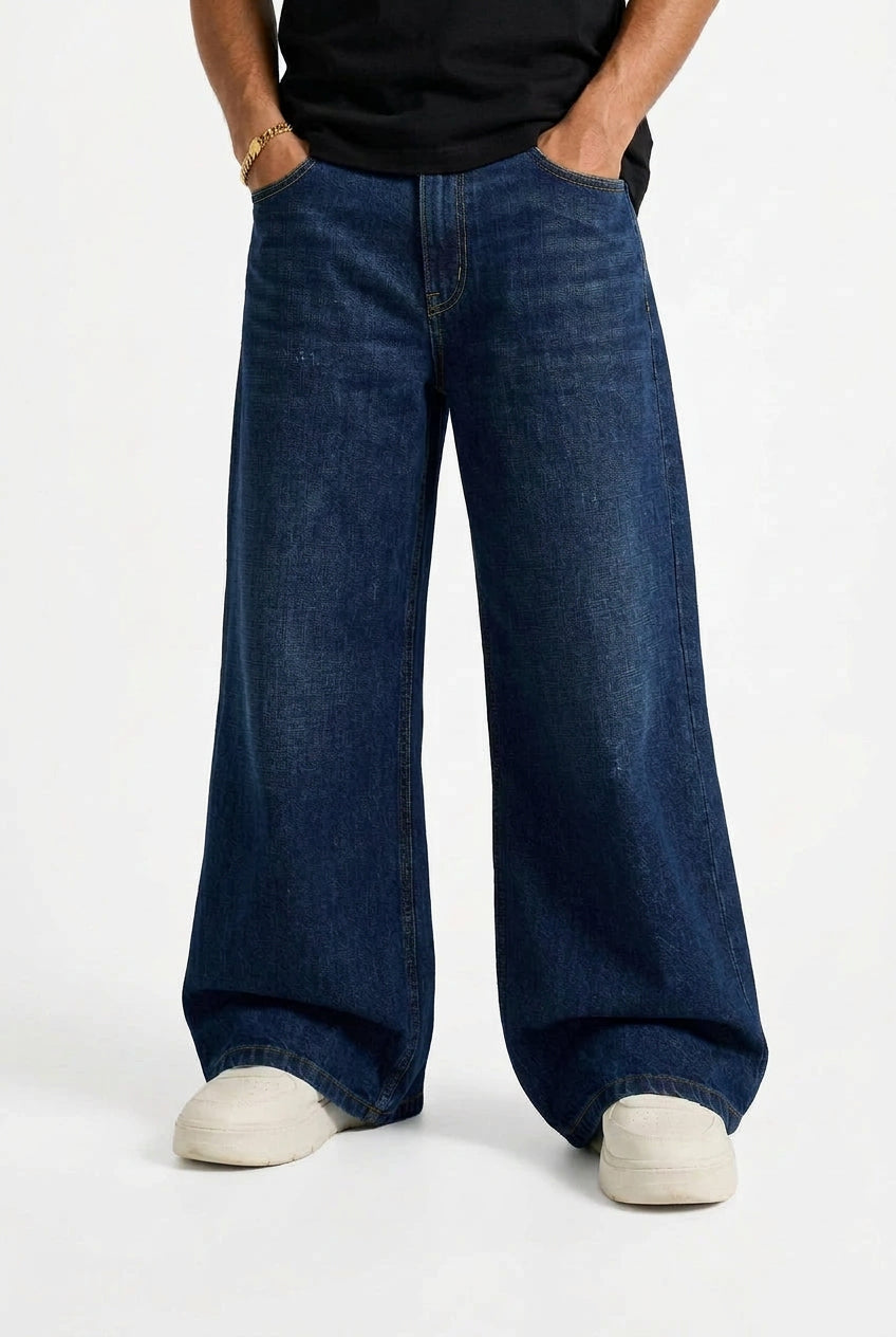 Vibe Wide A-Line Denim Pants-Navy