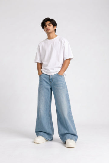 Vibe Wide A-Line Denim Pants-SKY