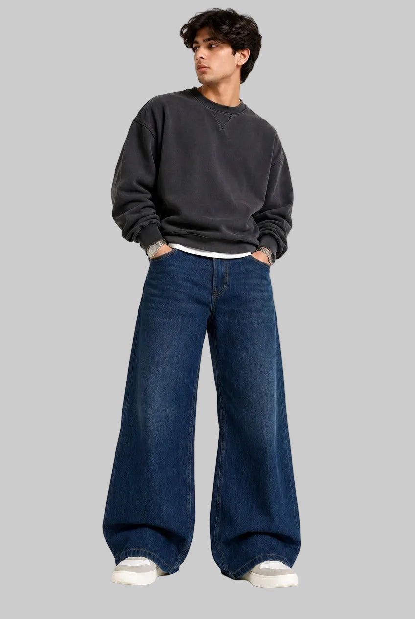 Vibe Wide A-Line Denim Pants-Navy