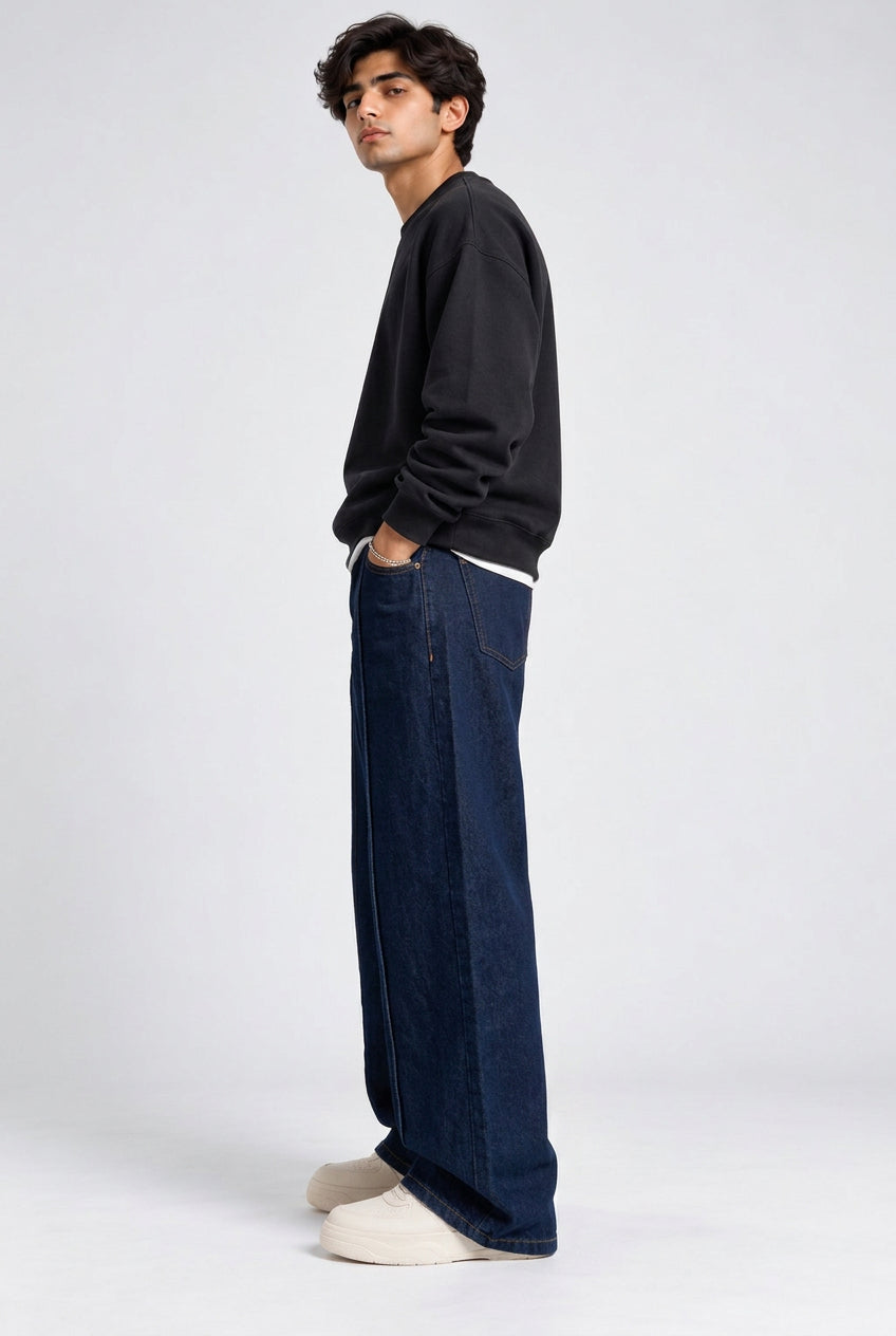 Vibe Wide A-Line Denim Pants-Navy