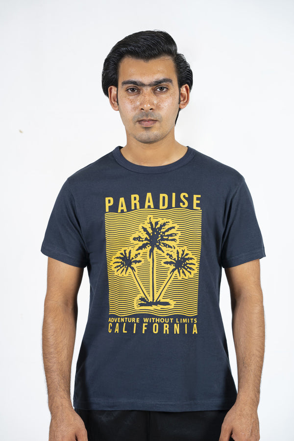 Paradise Blue Yellow Front Printed Logo Men T-Shirt