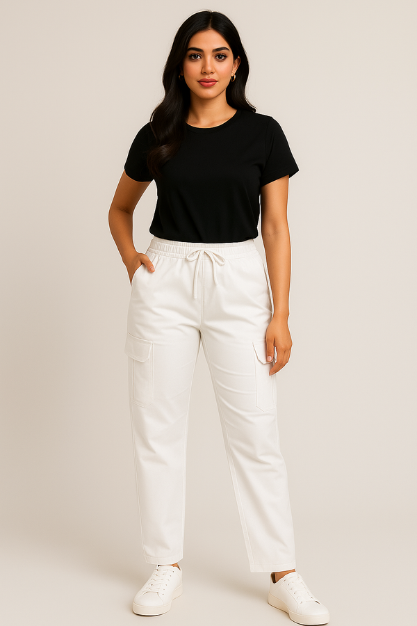 6-Pockets Relaxed Fit Cargo Trousers-Off White